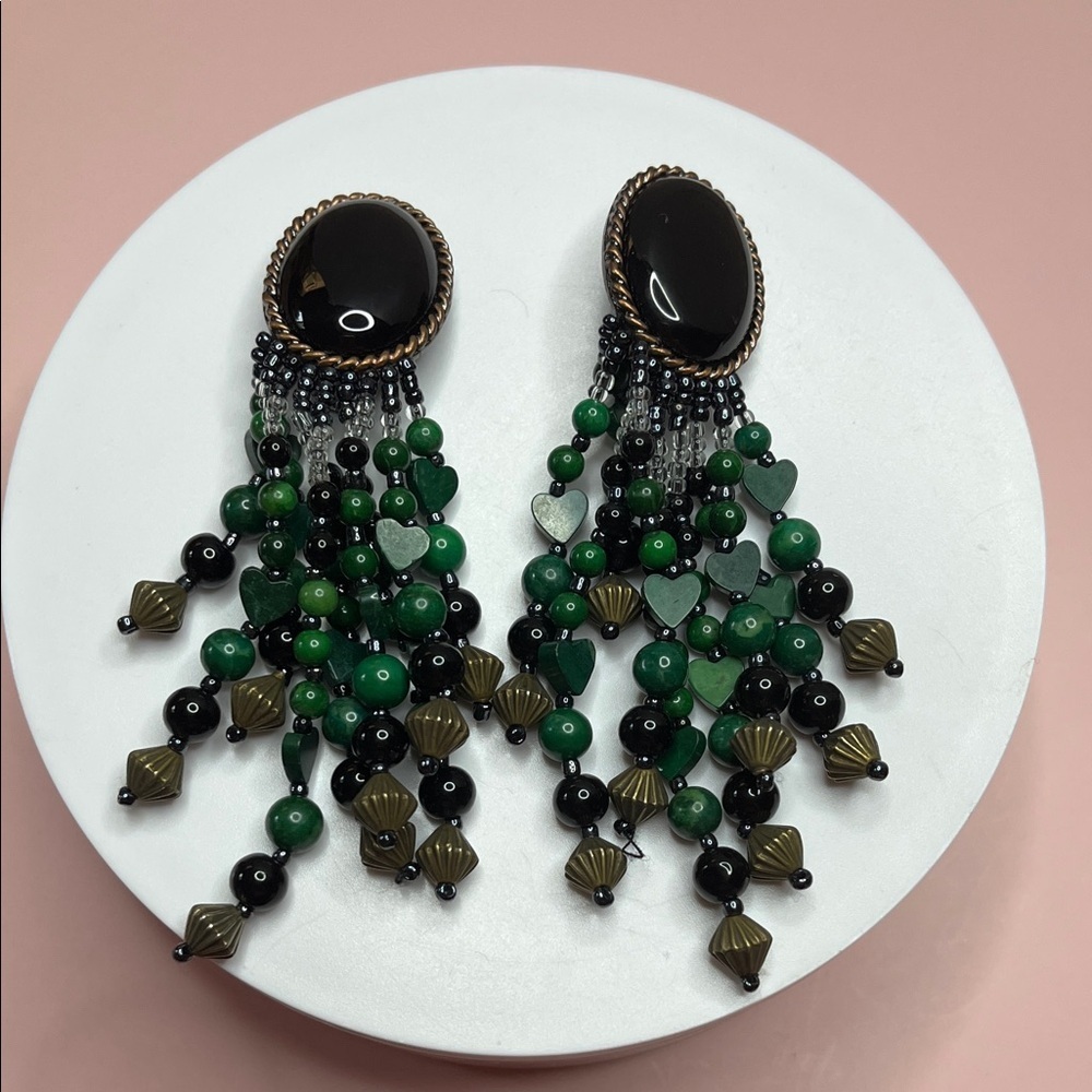 VTG Turquoise Onyx Heart Earrings Glass Beaded Dangle - Picture 7 of 8